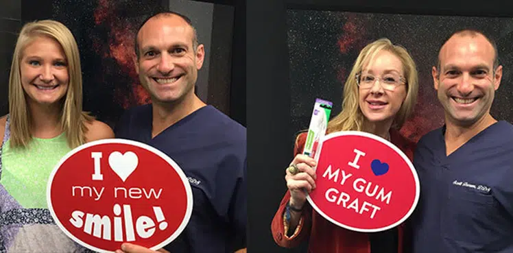 Dr Froum with patients holding I love my new smile and I love my gum graft signs